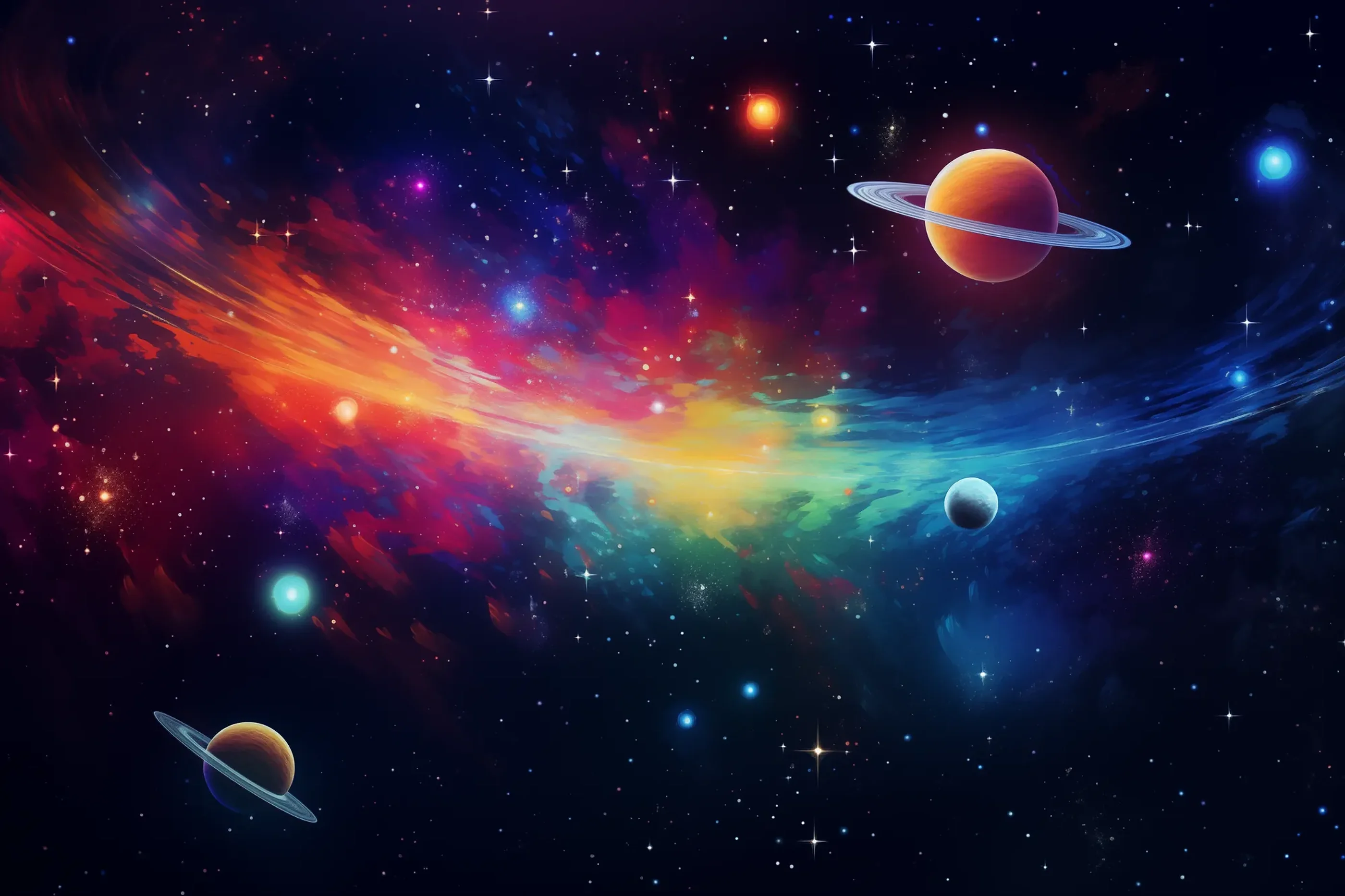 A colourful zone in space, stars and planets